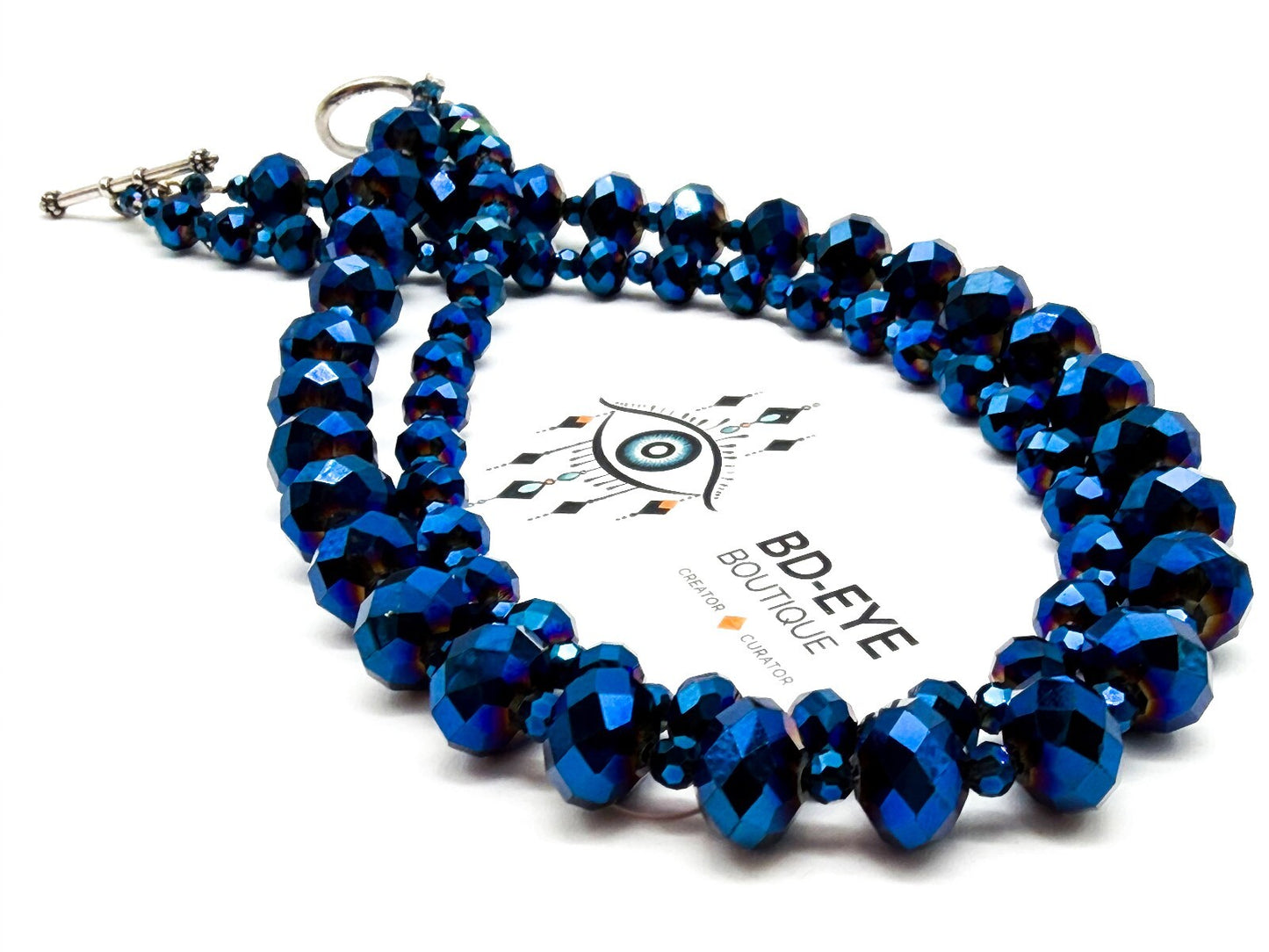 Multi Strand Blue Purple Iridescent Oil Slick Glass Beaded Necklace 925 Toggle