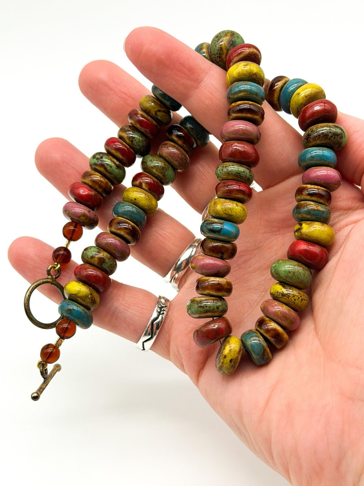Multicolour Glazed Ceramic Disc Necklace Artisan Boho Statement Toggle Earthy