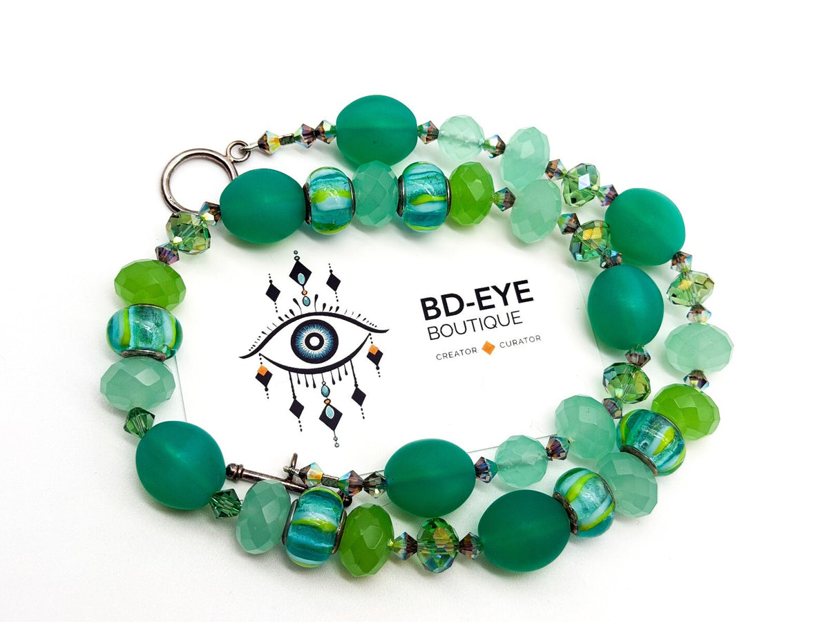 Frosted Green Glass Necklace Earrings Set Lampwork Beads Toggle Clasp Statement