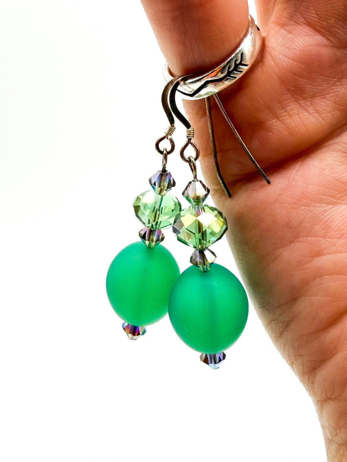 Frosted Green Glass Necklace Earrings Set Lampwork Beads Toggle Clasp Statement