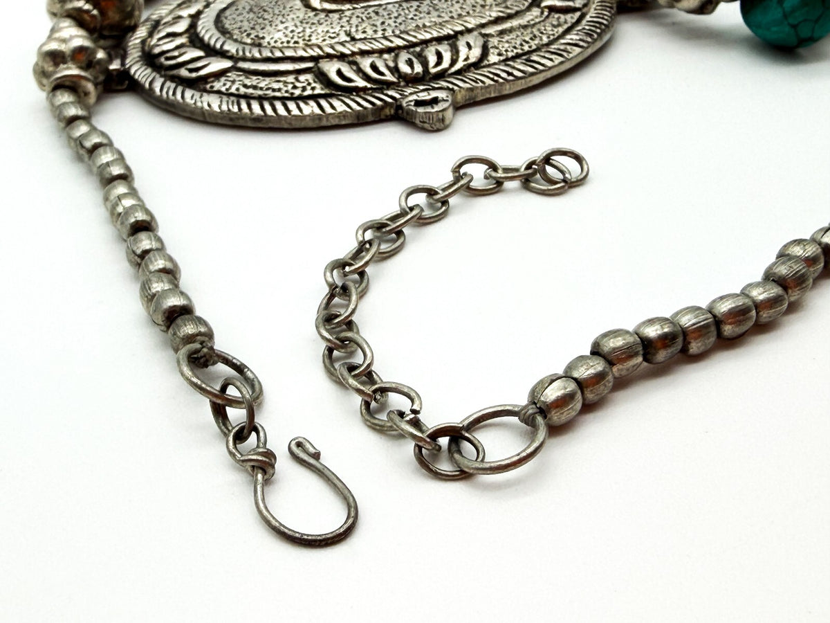 Large Silver Tone Medallion Statement Necklace Turquoise Howlite Boho Festival