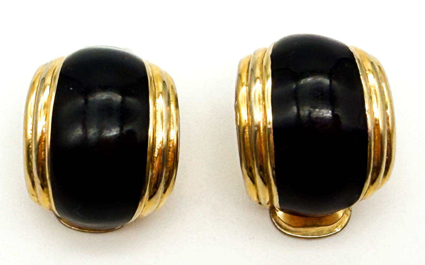 Vintage Black Gold Tone Clip On Earrings Ribbed Domed Retro Statement