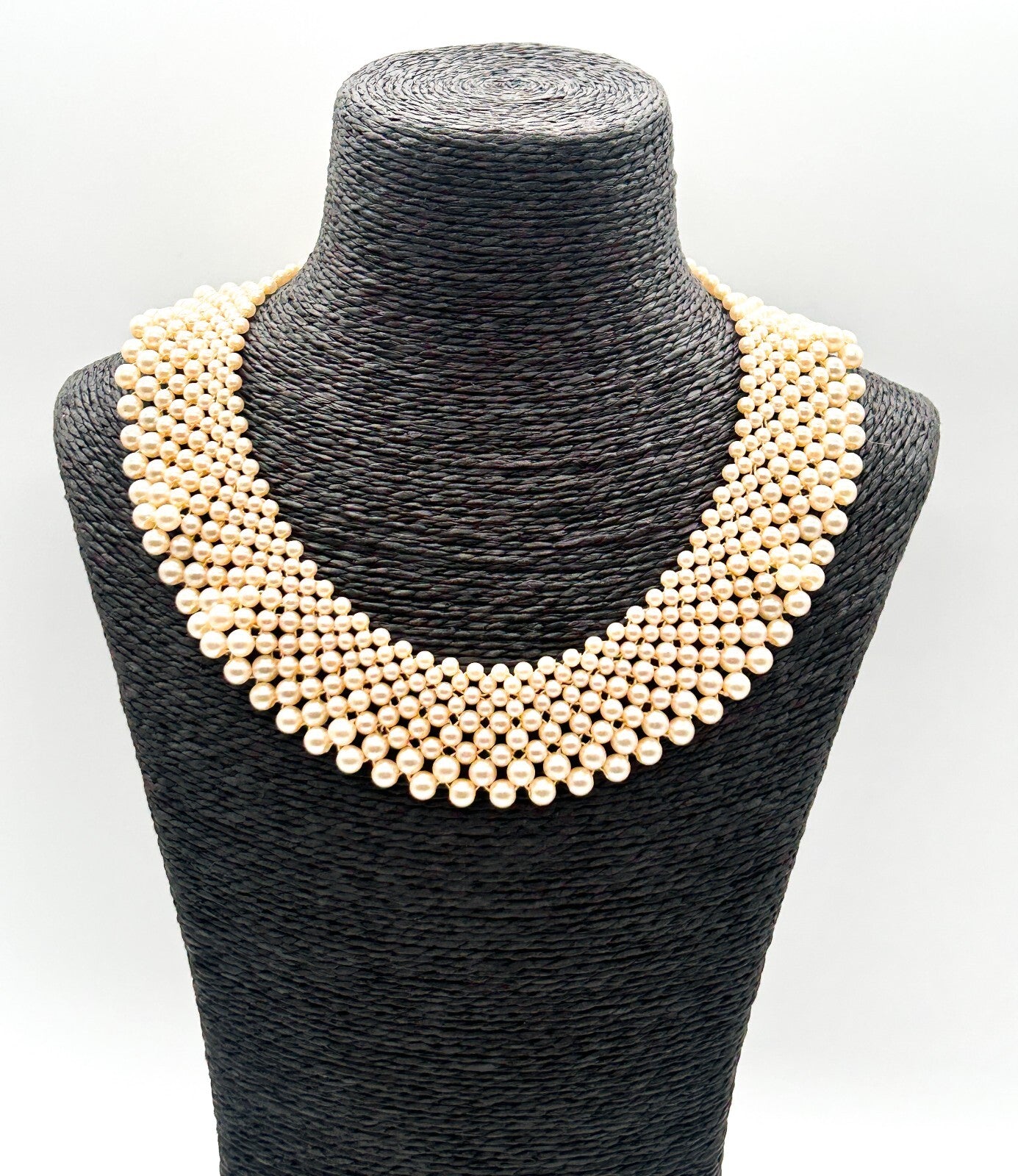 Vintage Hong Kong Faux Pearl Collar Necklace Cream Graduated Bib Statement