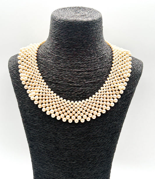 Vintage Hong Kong Faux Pearl Collar Necklace Cream Graduated Bib Statement