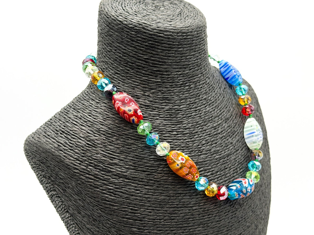 M&S Millefiori Art Glass Necklace Hand Knotted Faceted Glass Floral Beads 17”