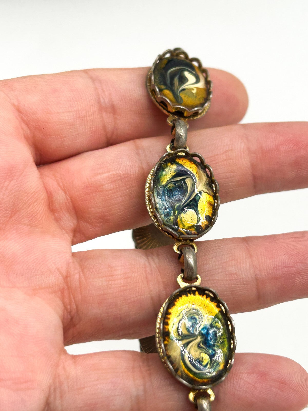 Vintage Enamel Panel Bracelet Gold Blue White Marbled Swirl Oval Bracelet 7.5”
