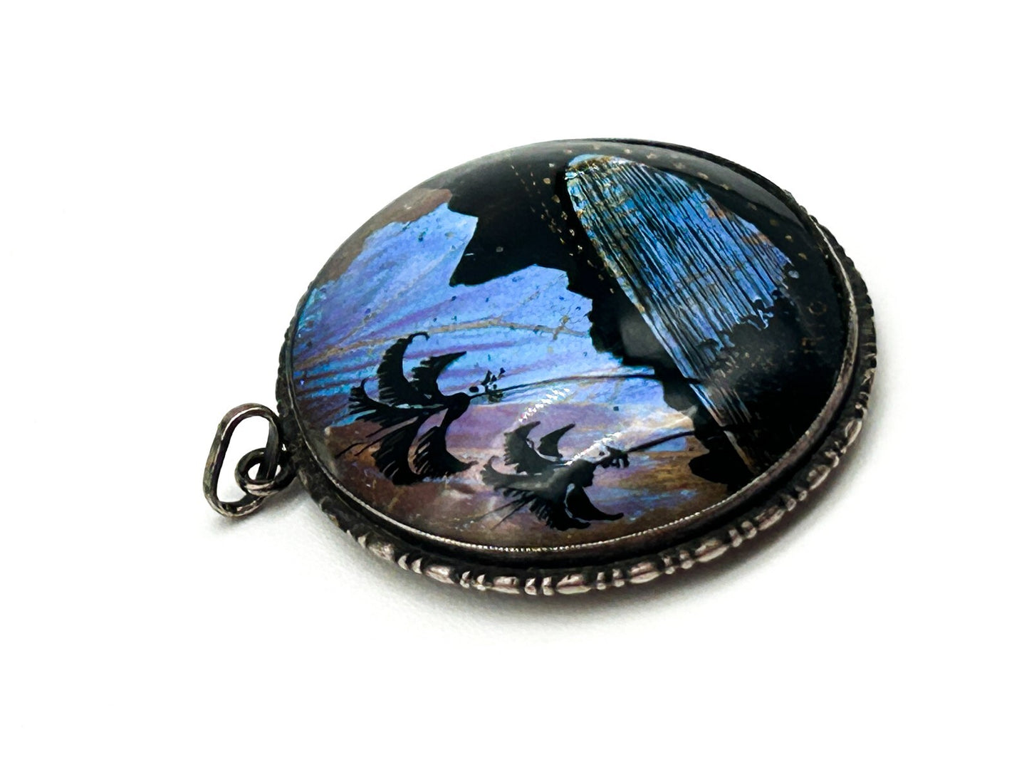 Vintage Art Deco A.W. Rio 920 Silver Morpho Butterfly Wing Pendant Bubble Glass