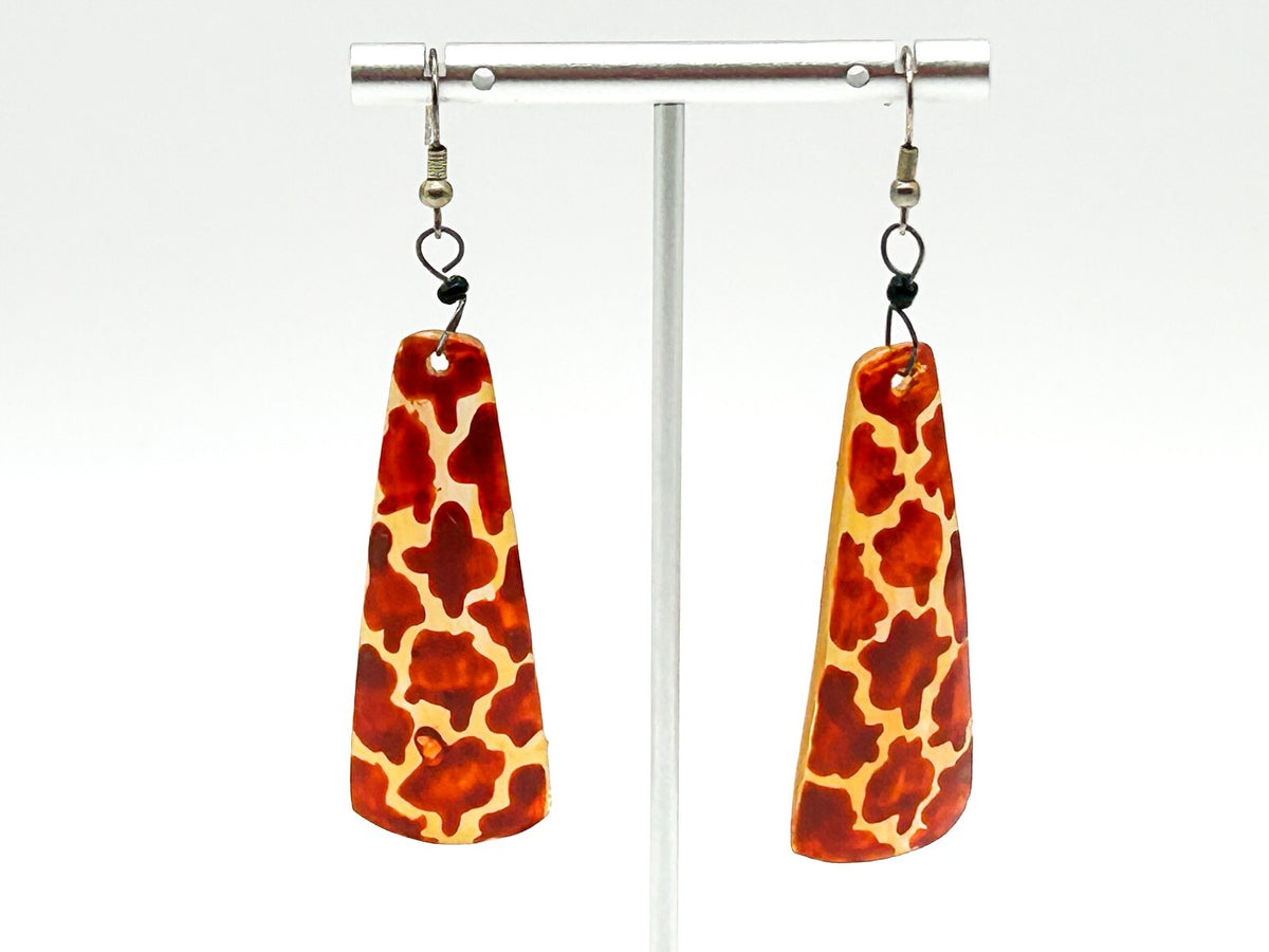 Vintage Hand Painted Organic Material Giraffe Print Drop Earrings Safari Boho