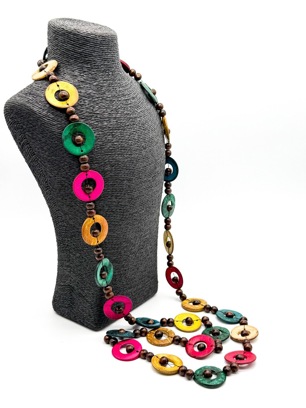 Colourful Dyed Coconut Shell & Wood Bead Necklace Boho 28” Long Festival
