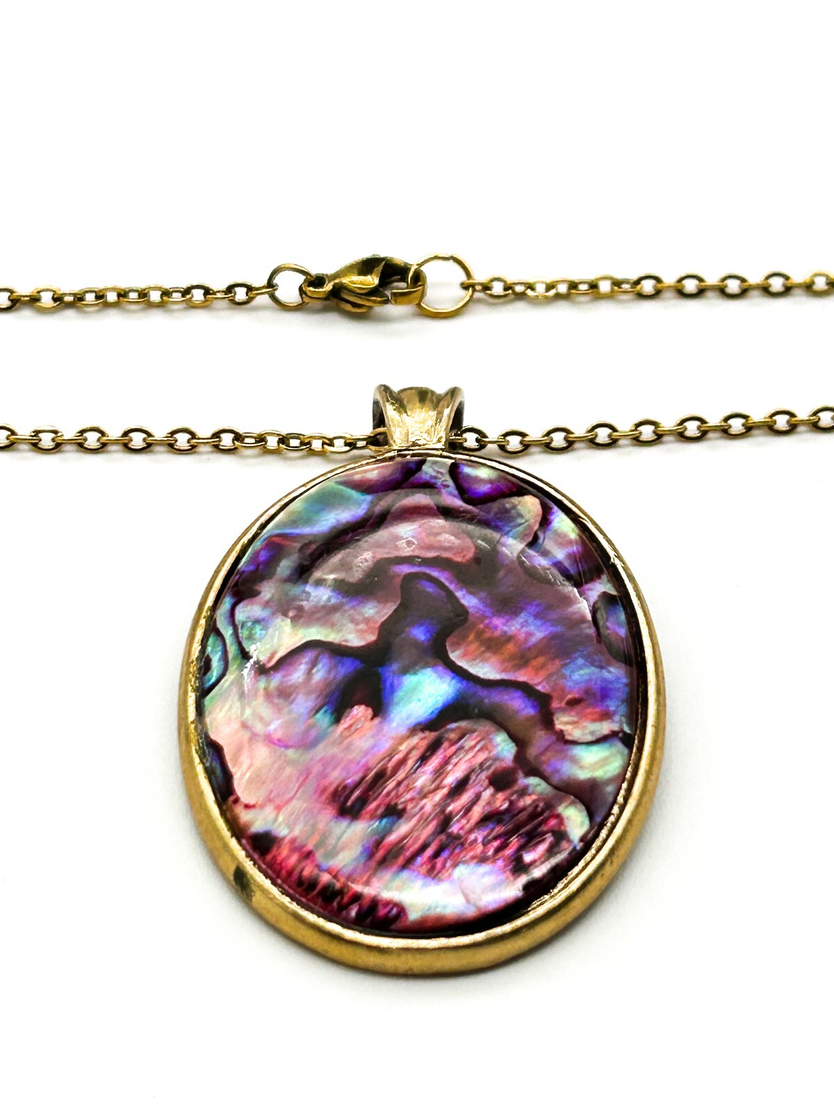 Vintage Abalone Paua Shell Pendant Necklace Gold Tone Oval Iridescent 17.5”