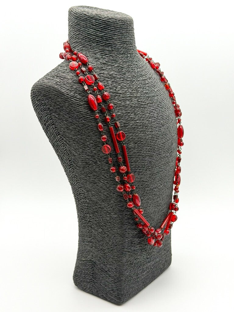 Vintage Red Glass Tube Disc & Oval Bead Necklace Long Layering Continuous Strand