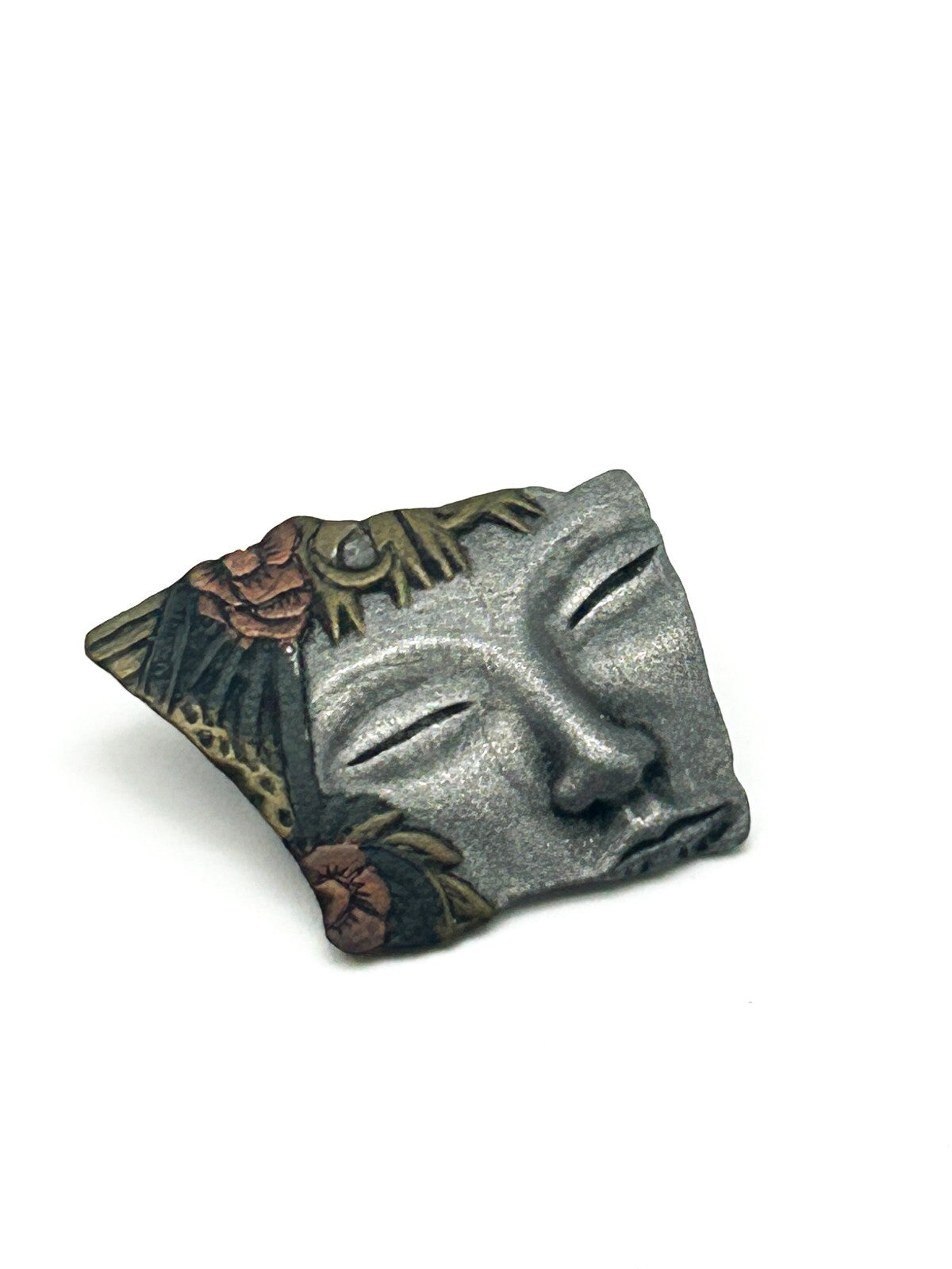 Vintage Pewter Face Brooch Floral Flower Headdress Oriental Pin Abstract Art