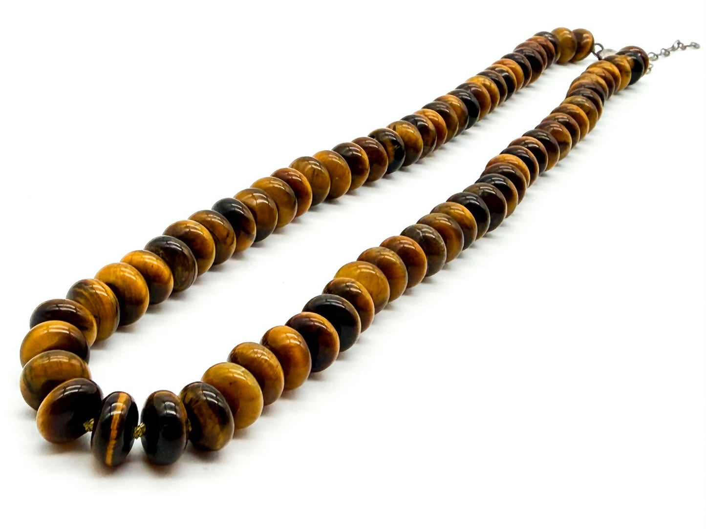 Tiger Eye Disc Bead Necklace Hand Knotted 925 Sterling Silver Clasp Boho 20" 66g