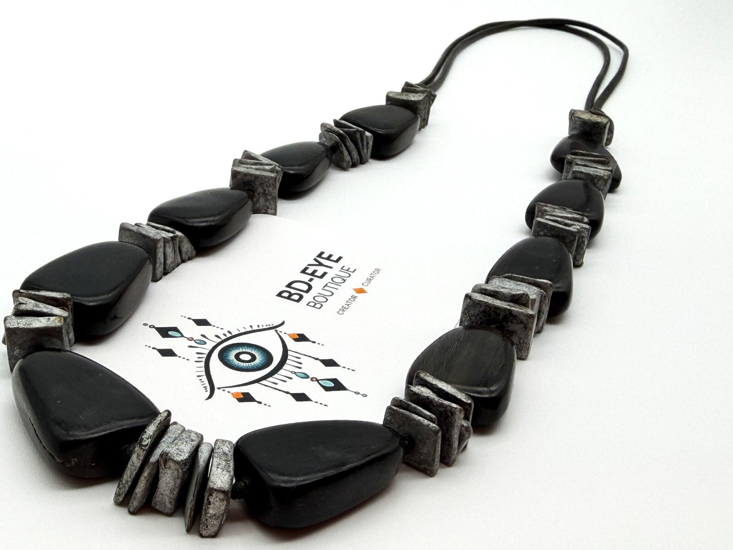Shungite Gemstone Necklace Black Nugget Beads Silver Spacer Modern Statement