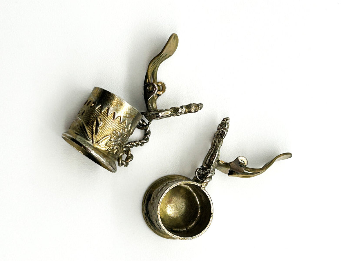 Vintage Silver Tone Tankard Clip On Earrings Novelty Beer Stein Mug Floral