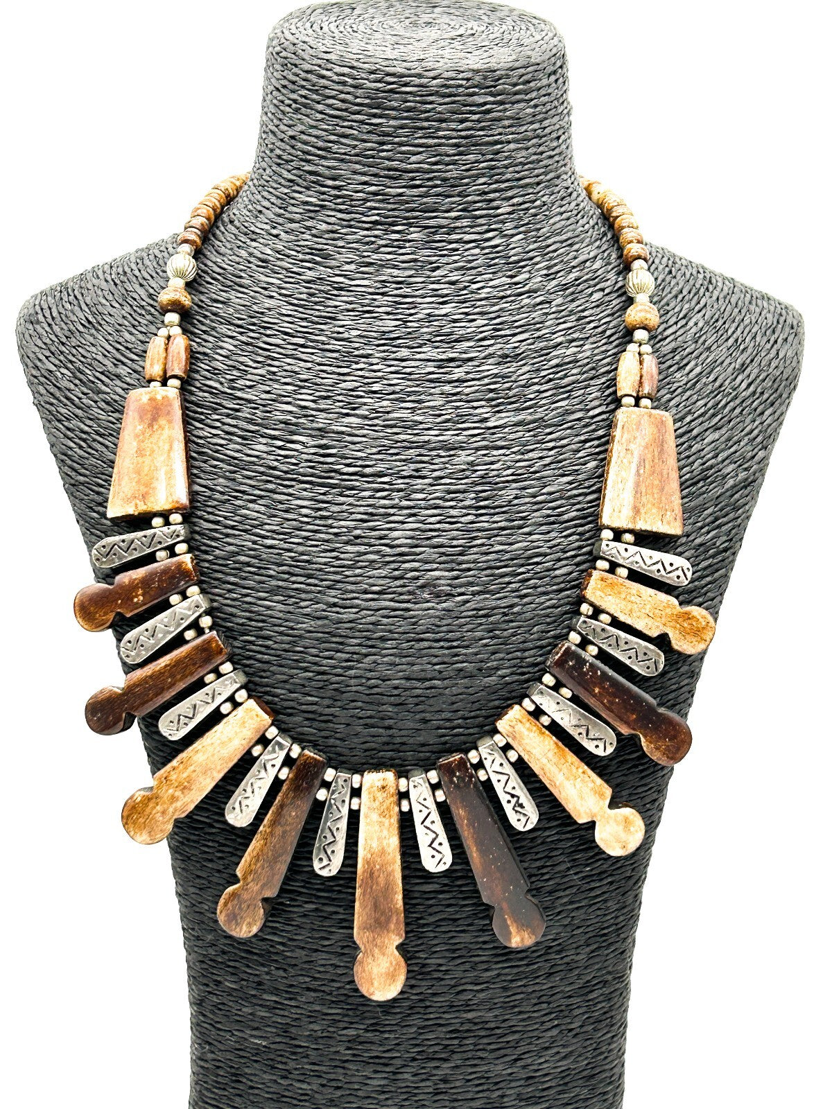Vintage Boho Fringe Necklace Carved Organic Material Silver Tone Tribal Bib