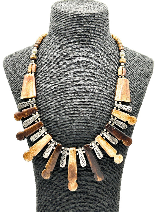 Vintage Boho Fringe Necklace Carved Organic Material Silver Tone Tribal Bib