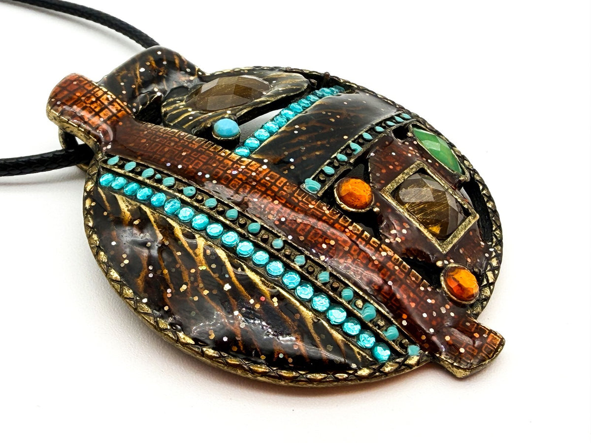 Ikita Paris Statement Pendant Necklace Brown Enamel Turquoise Rhinestone Cord
