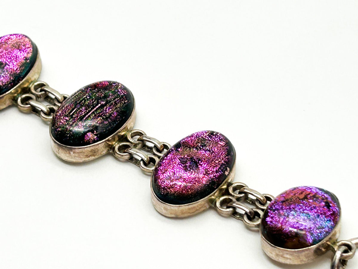 925 Sterling Silver Dichroic Glass Bracelet Purple Pink Artisan Panel Bracelet