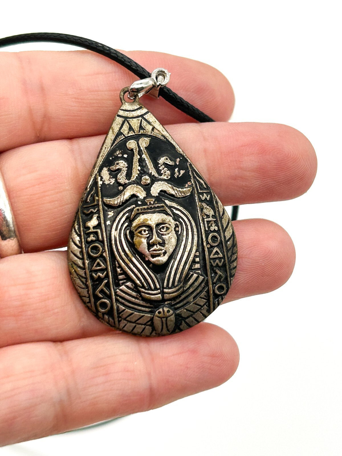Vintage Egyptian Revival Silver Tone Pendant Necklace Pharoh Art Deco Rescue