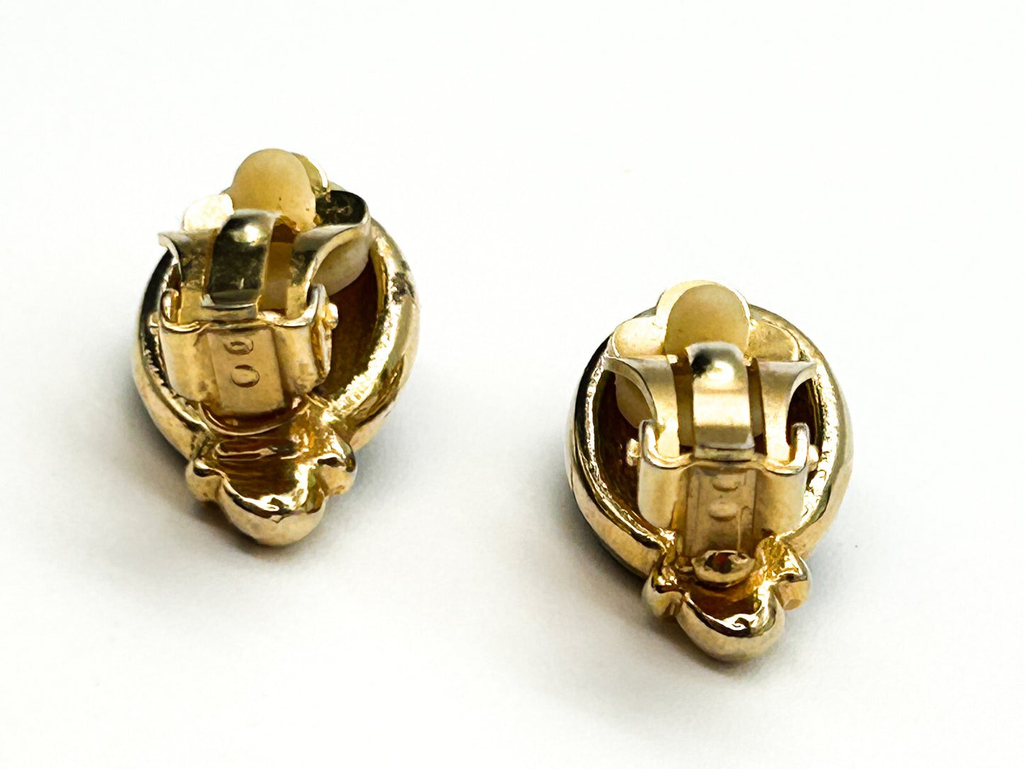 Vintage Gold Tone Black Enamel Clip On Earrings Clear Rhinestone Oval Deco Style
