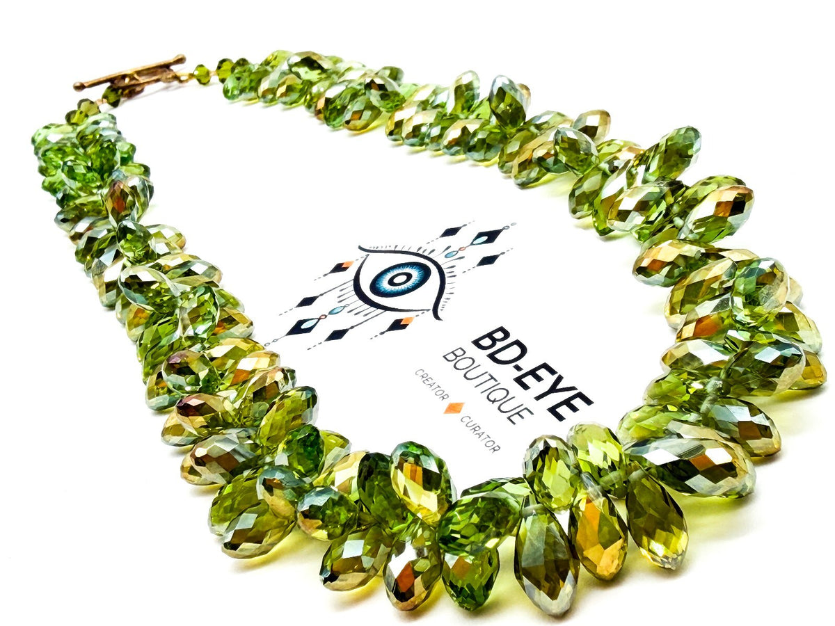 Swarovski Beads Green Crystal Necklace Faceted Teardrop Beads Gold Tone Toggle