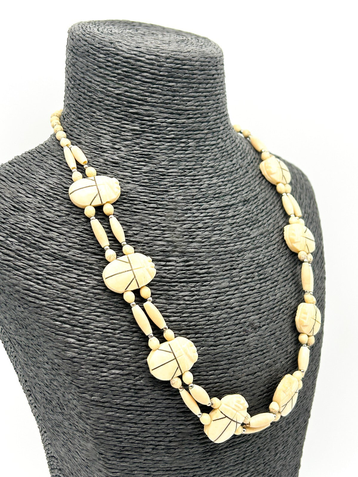 Vintage Carved Scarab Necklace Organic Material Egyptian Revival Beaded 21”