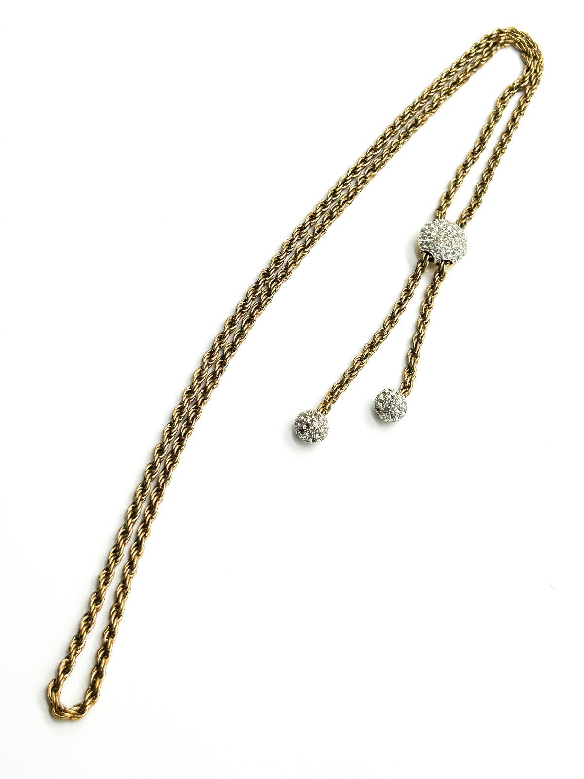 Vintage Gold Tone Rhinestone Bolo Necklace Twisted Rope Chain Adjustable Tassel