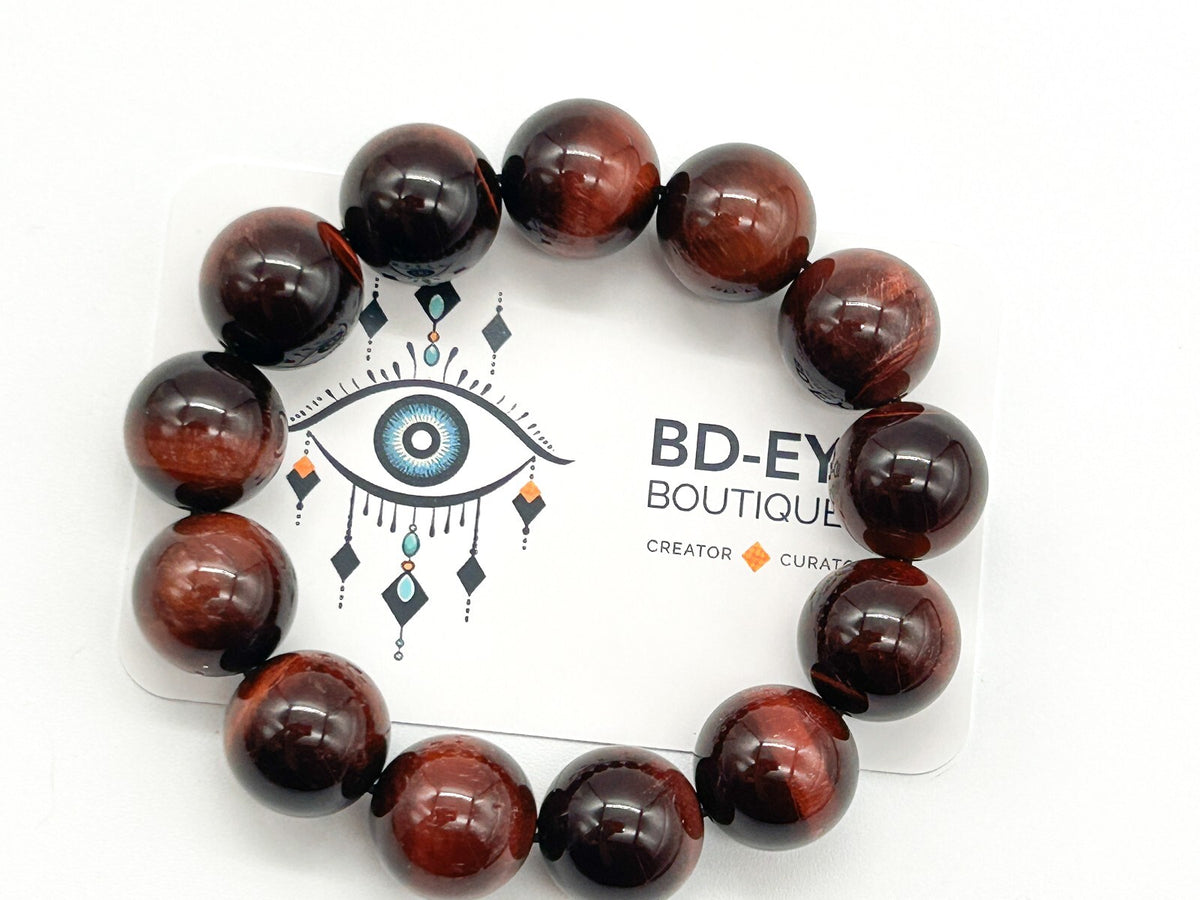 Red Tiger’s Eye Chunky Stretch Bracelet Large Round Gemstone Beads Chatoyant