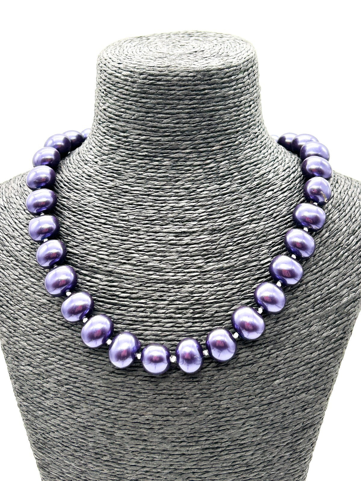 Vintage Chunky Purple Glass Faux Pearl Necklace Hand Knotted Magnetic Clasp