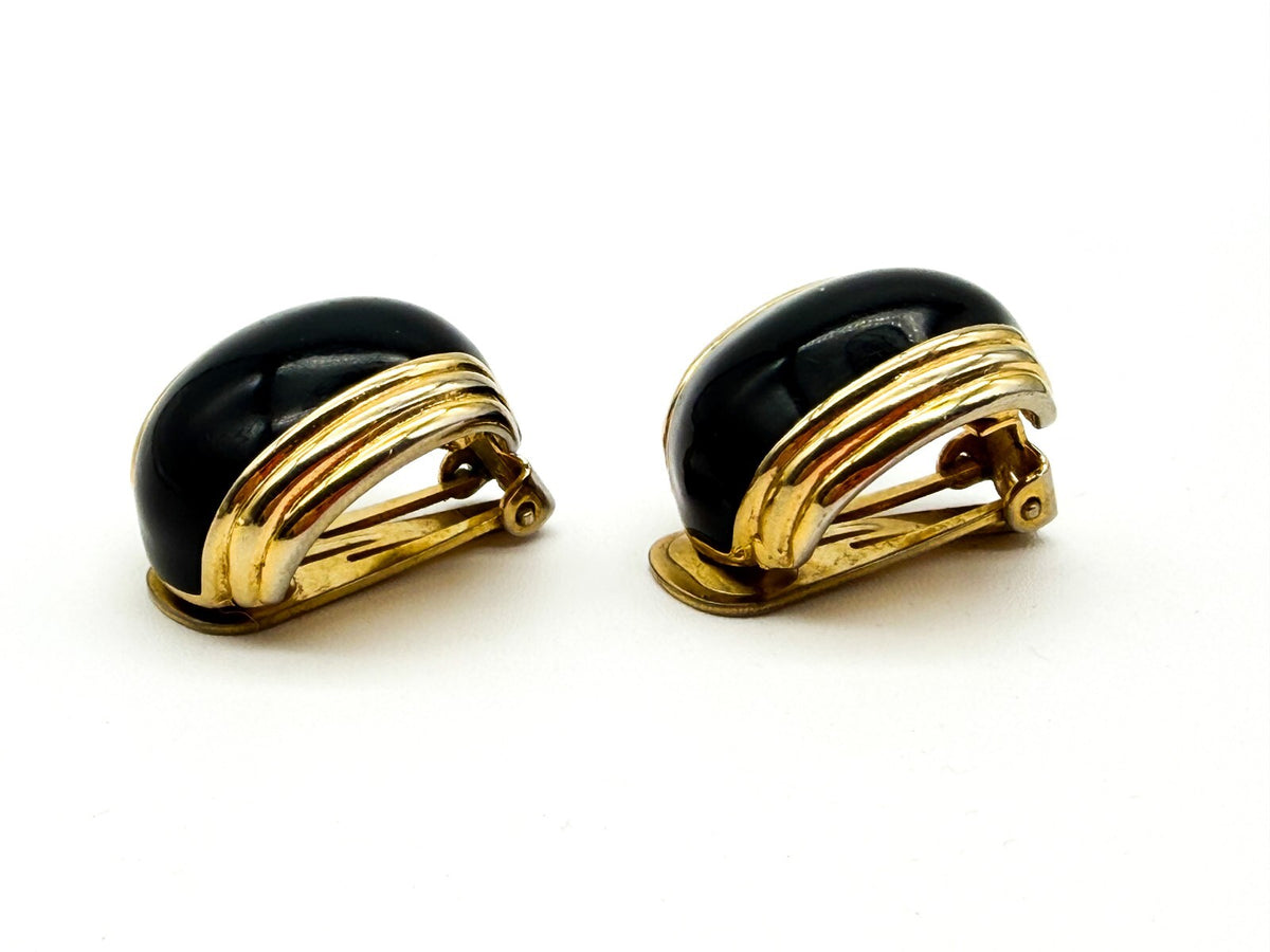 Vintage Black Gold Tone Clip On Earrings Ribbed Domed Retro Statement