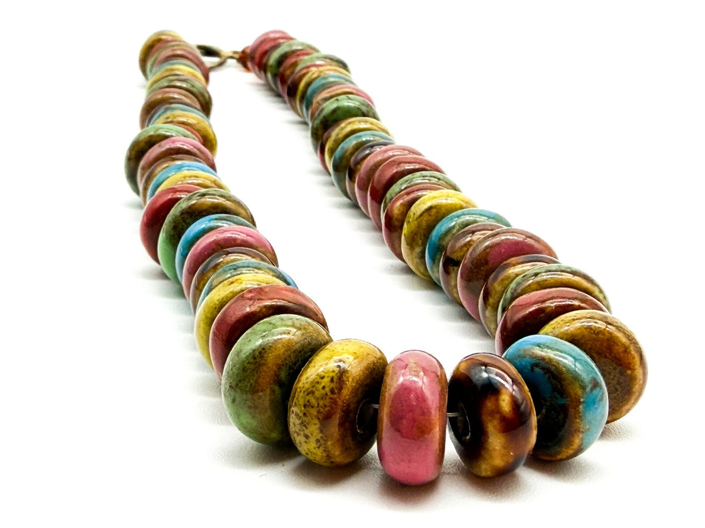 Multicolour Glazed Ceramic Disc Necklace Artisan Boho Statement Toggle Earthy