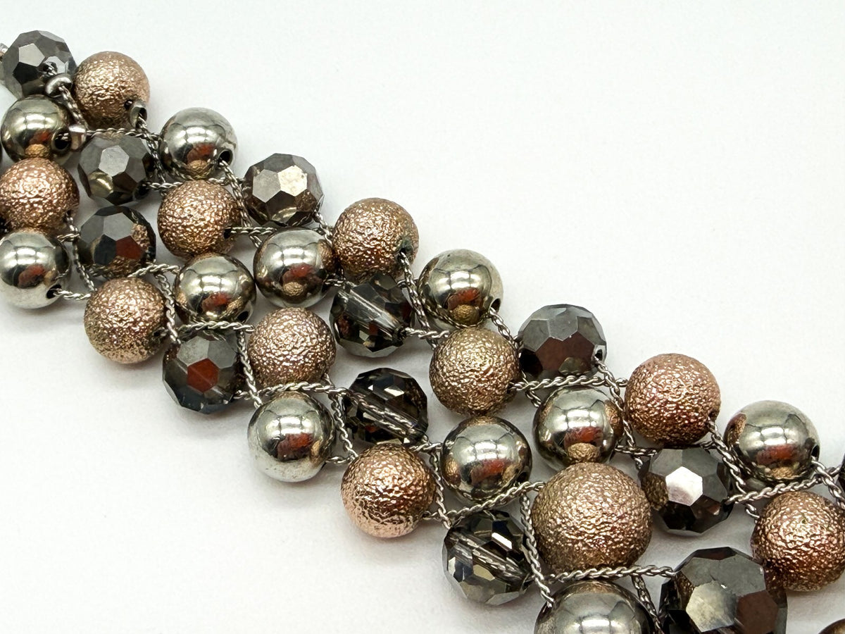 M&S Double Row Necklace Silver Rose Gold Tone Smoky Faceted Glass Beads 17”