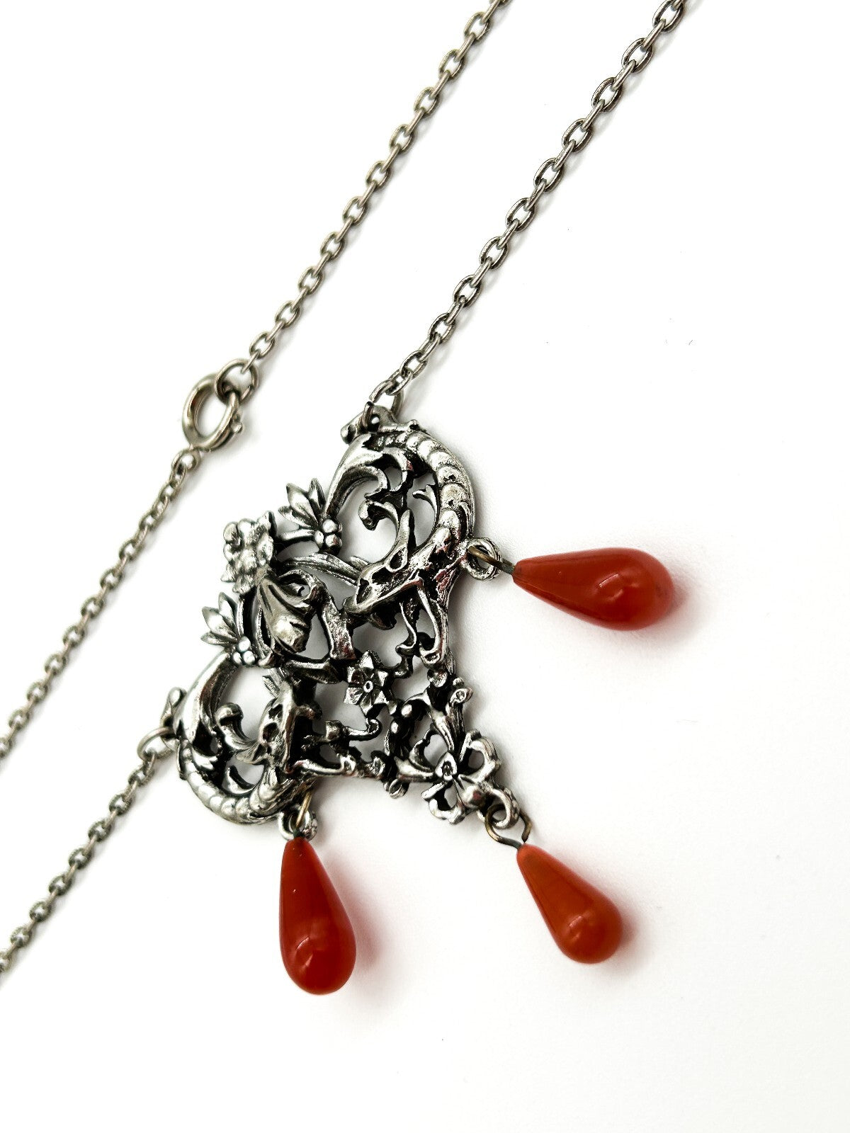 Vintage Art Nouveau Style Pendant Necklace Silver Tone Orange Glass Drops