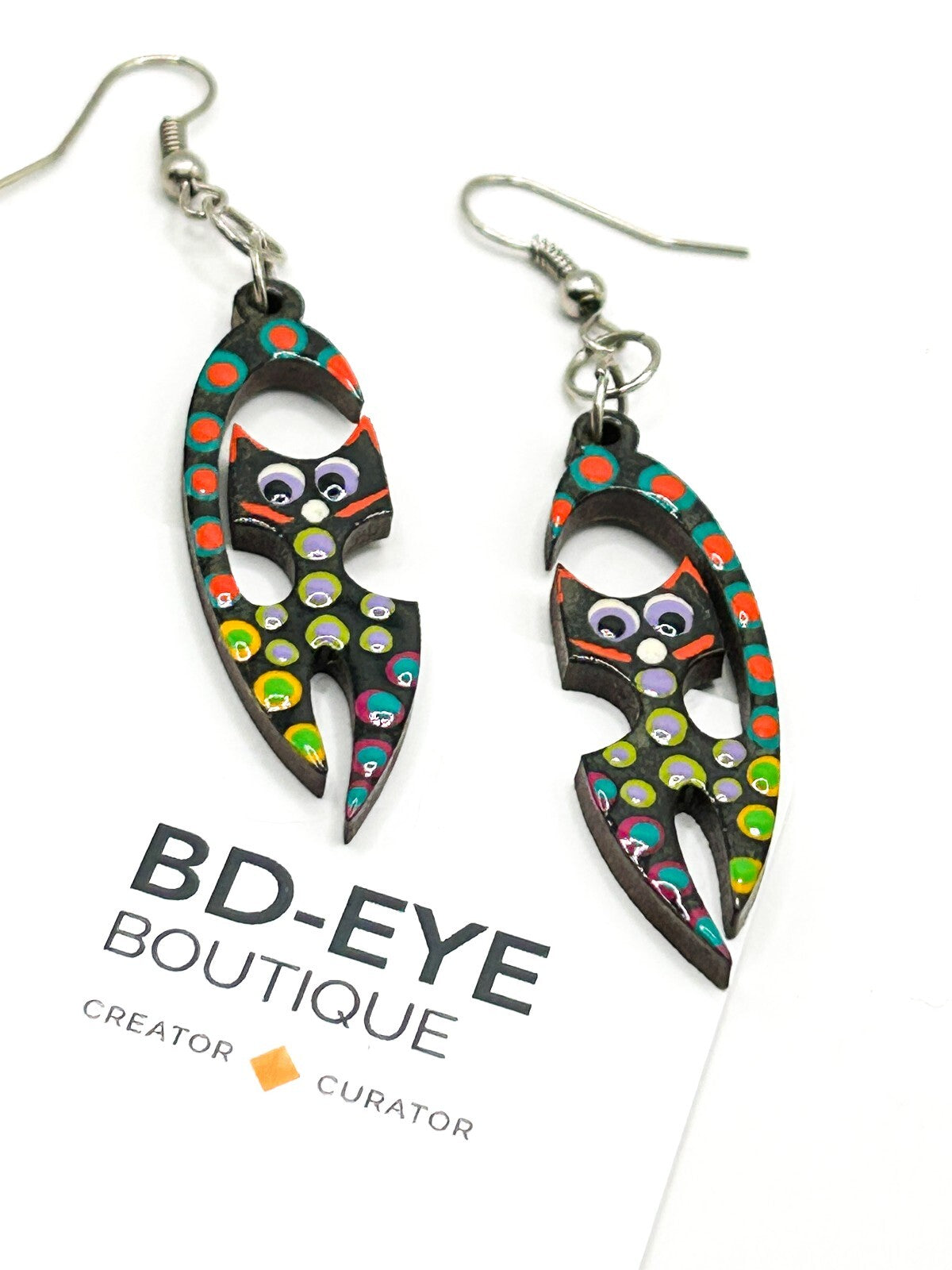 Hand Painted Wooden Cat Earrings Colourful Folk Art Dangle Quirky Felines