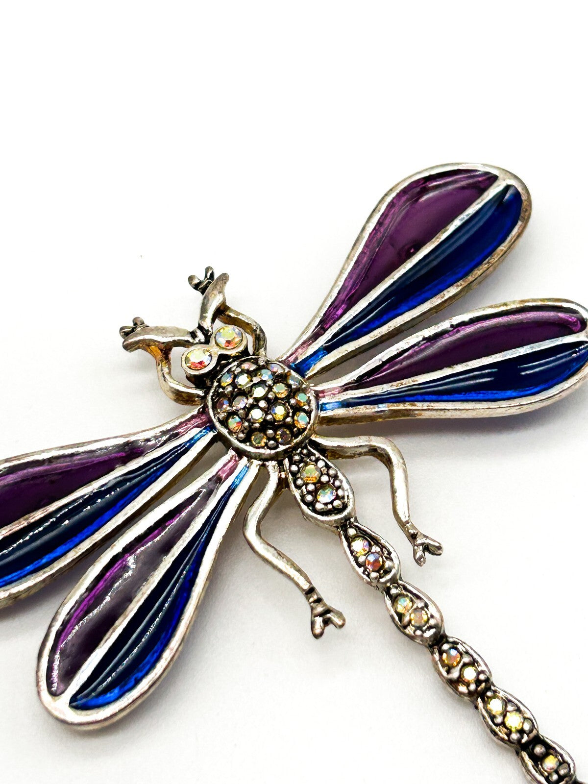 Vintage Purple Enamel Dragonfly Brooch AB Rhinestone Glass Figural Statement