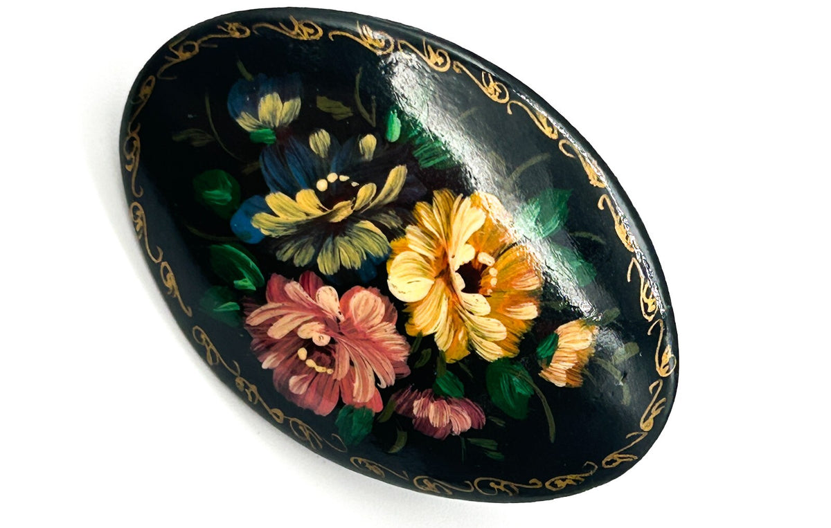 Vintage Russian Hand Painted Lacquer Floral Brooch Signed Black Gold Flower Pin