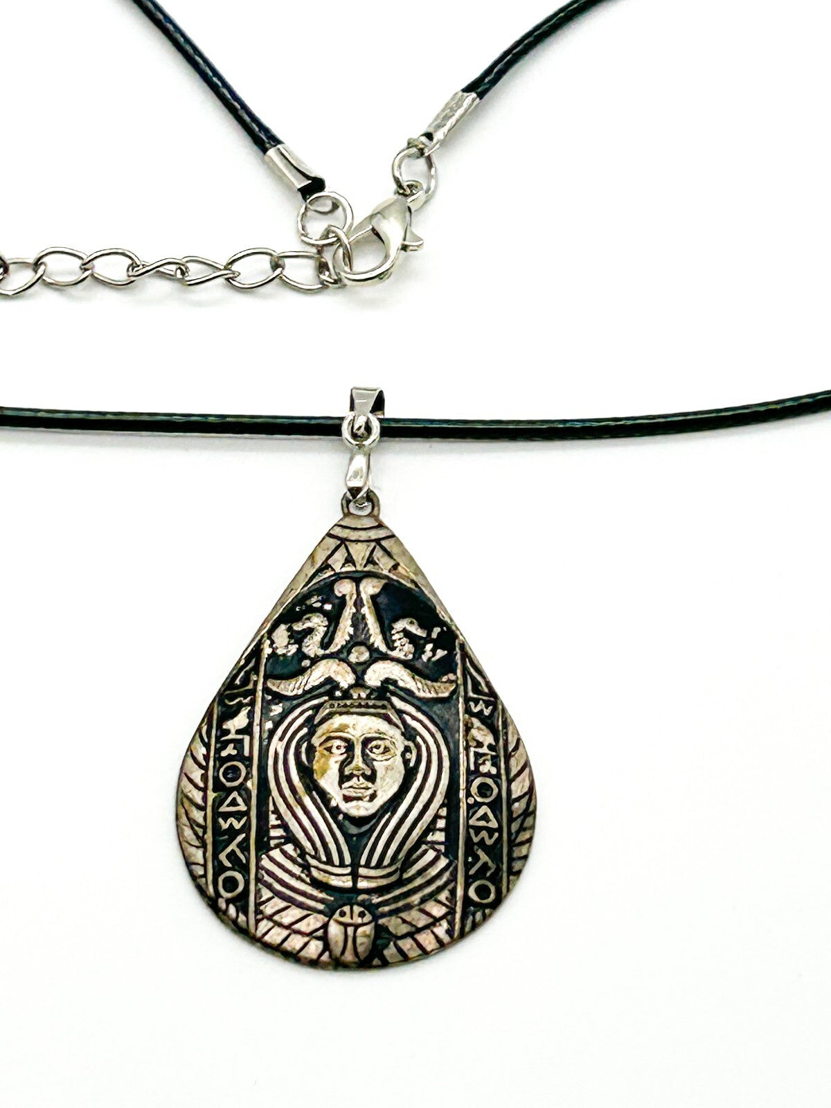 Vintage Egyptian Revival Silver Tone Pendant Necklace Pharoh Art Deco Rescue