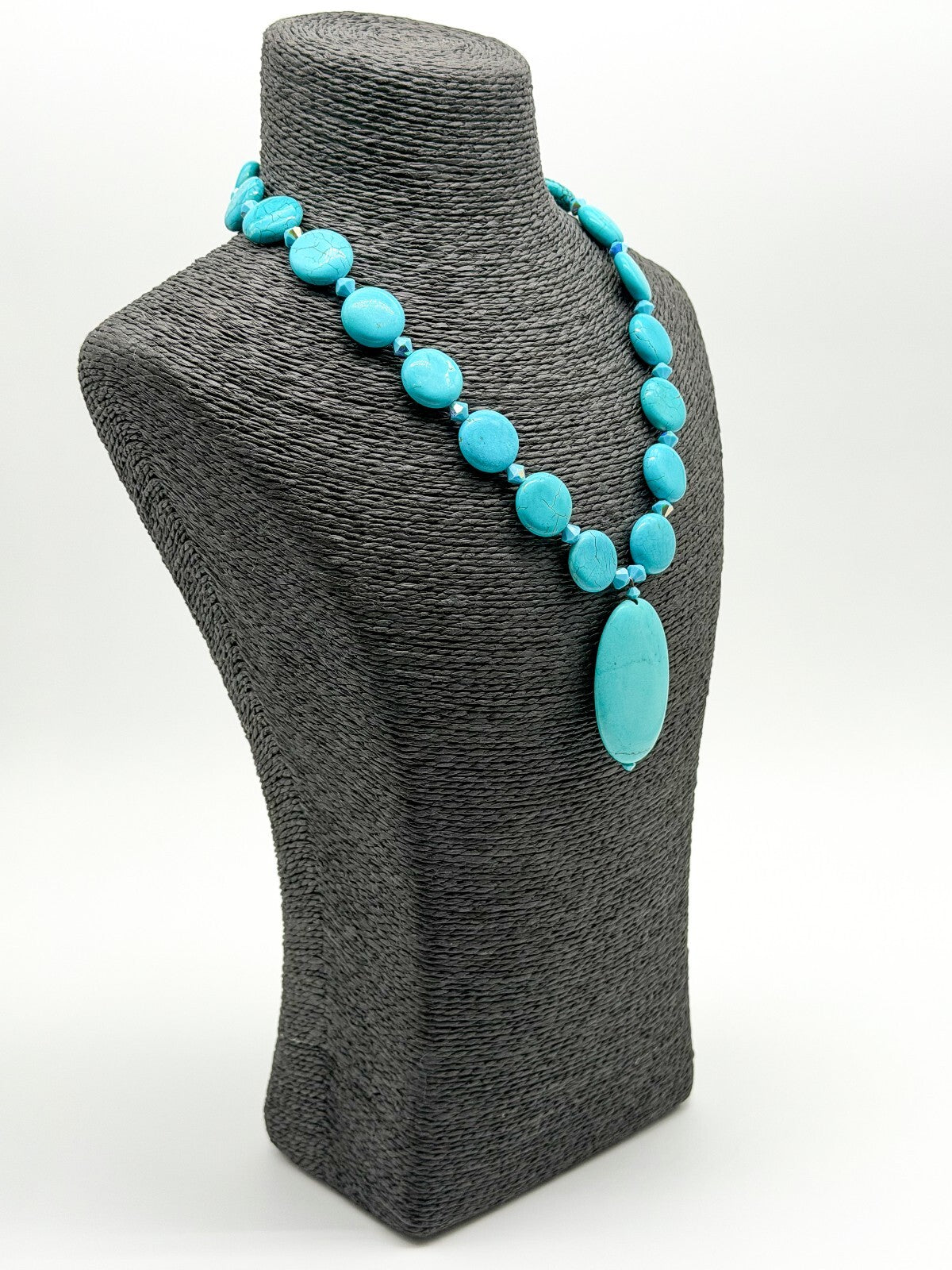 Turquoise Blue Magnesite Pendant Necklace AB Crystal Sterling Silver Box Clasp