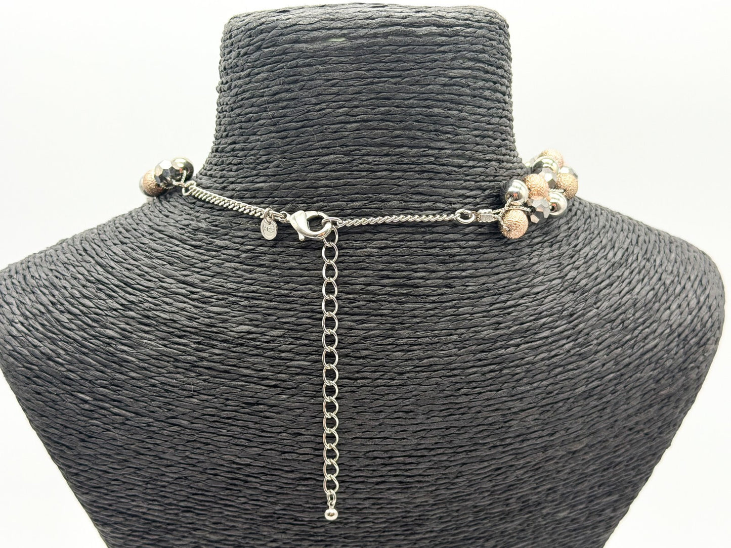 M&S Double Row Necklace Silver Rose Gold Tone Smoky Faceted Glass Beads 17”