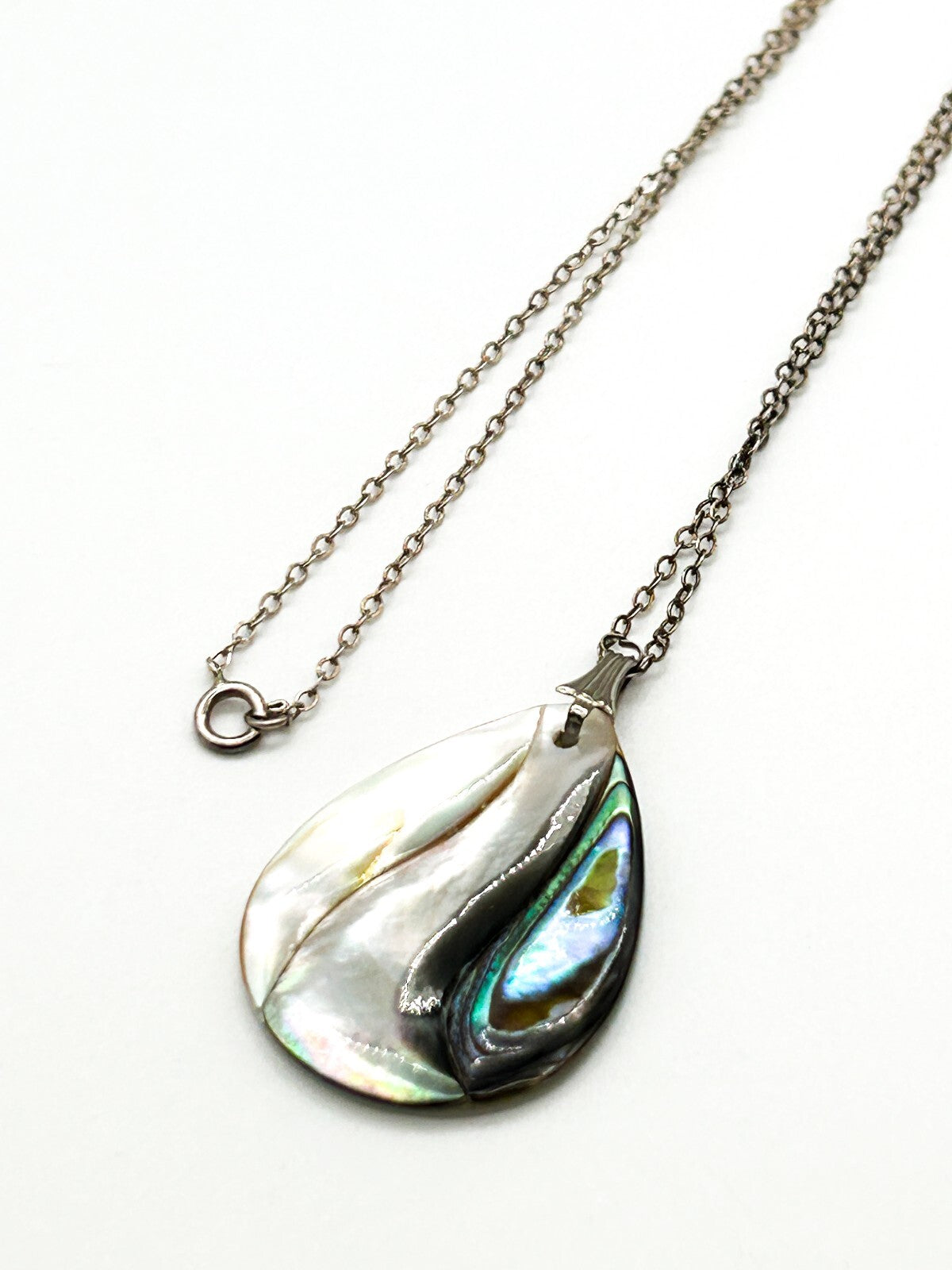 Vintage Sterling Silver Chain Abalone Mother of Pearl Teardrop Pendant Necklace
