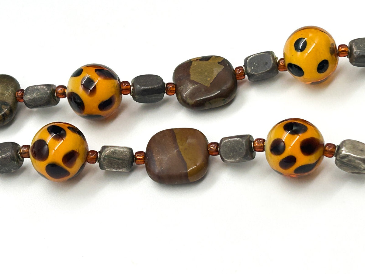 Vintage Jasper & Orange Spotted Glass Bead Necklace Leopard Print Style 19”