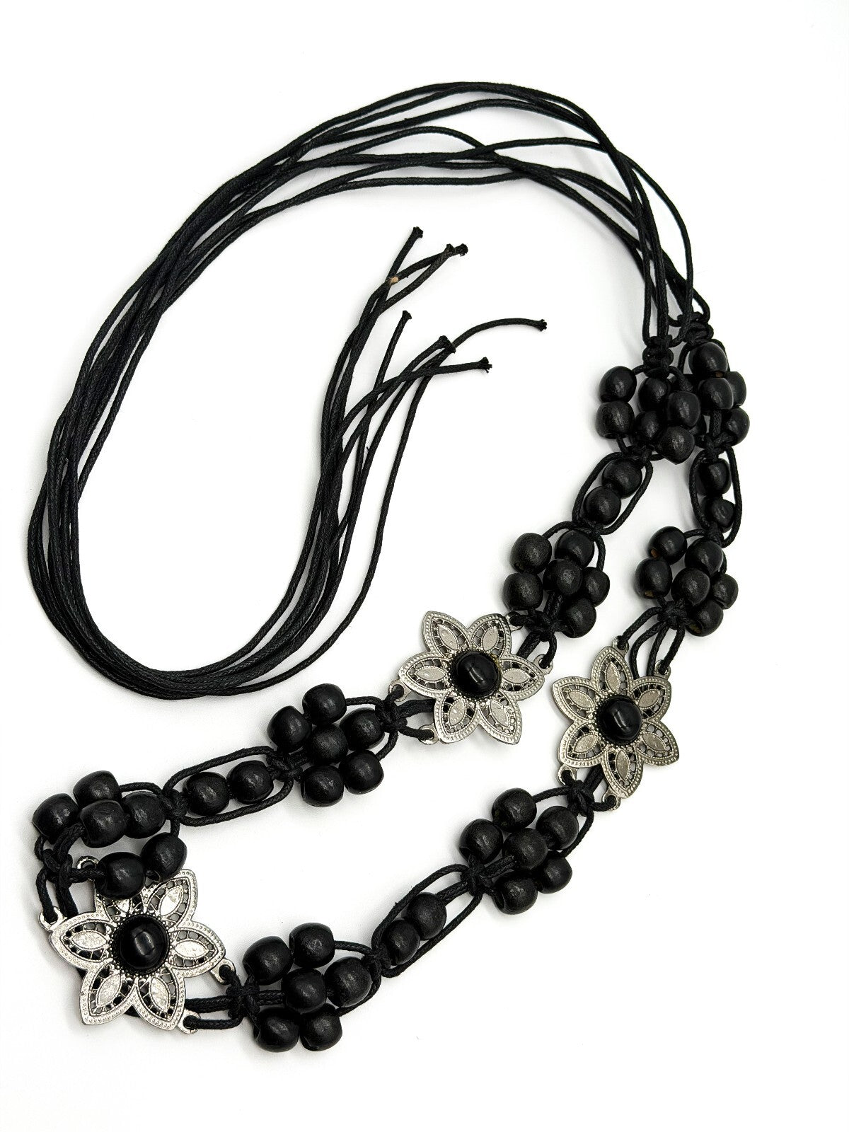Vintage Black Wooden Bead Tie Belt Multi Strand Boho Floral Silver Tone