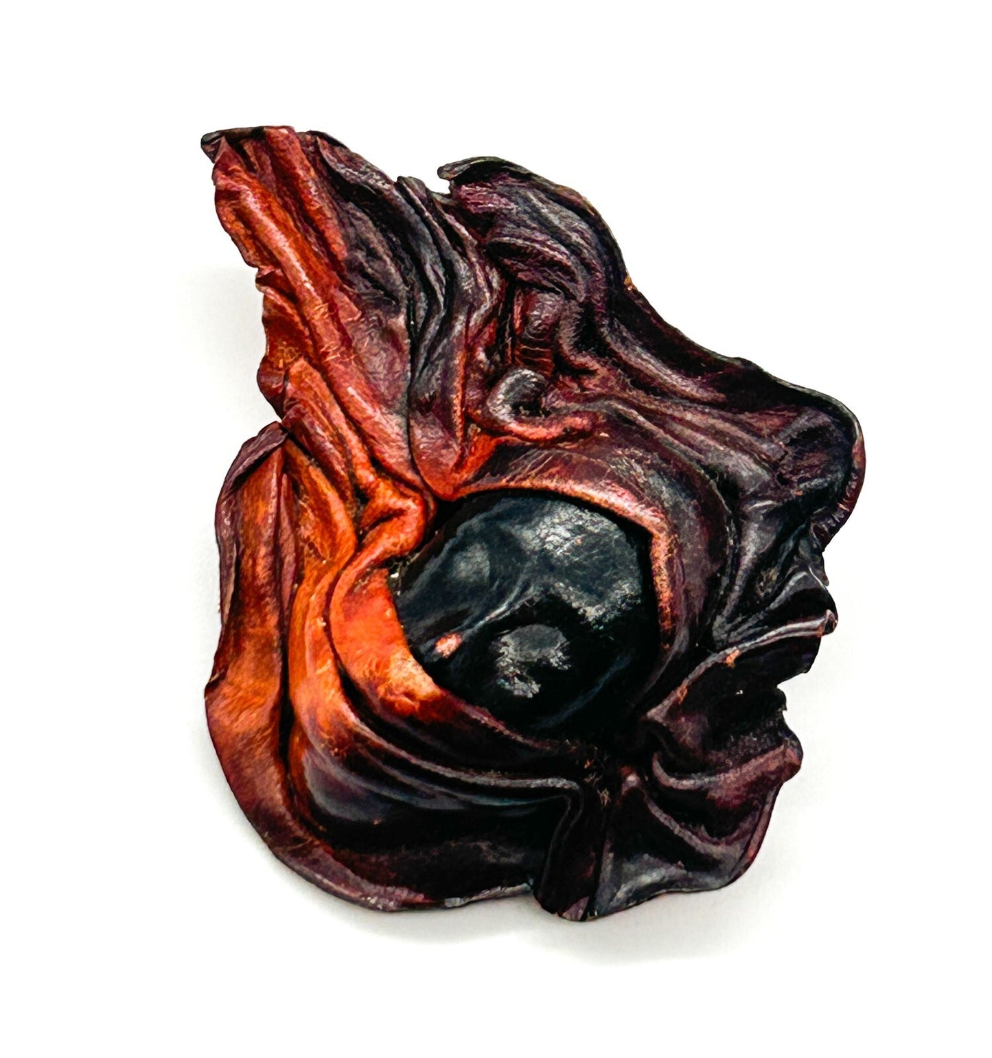 Vintage Hand Moulded Leather Veiled Face Brooch Artisan Sculpted Figural Pin
