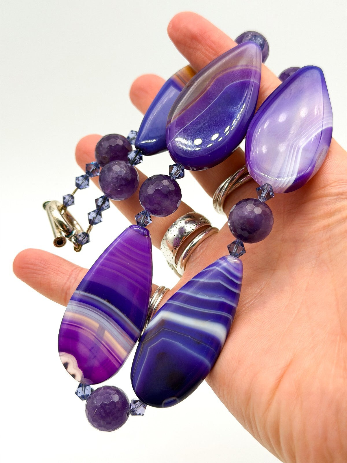 Chunky Amethyst & Purple Banded Agate Gemstone Necklace Faceted Crystal Beads