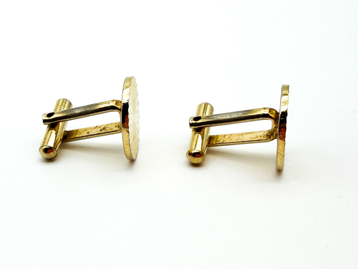 Vintage Gold Tone Engine Turned Cufflinks Diamond Cut Sunburst Round