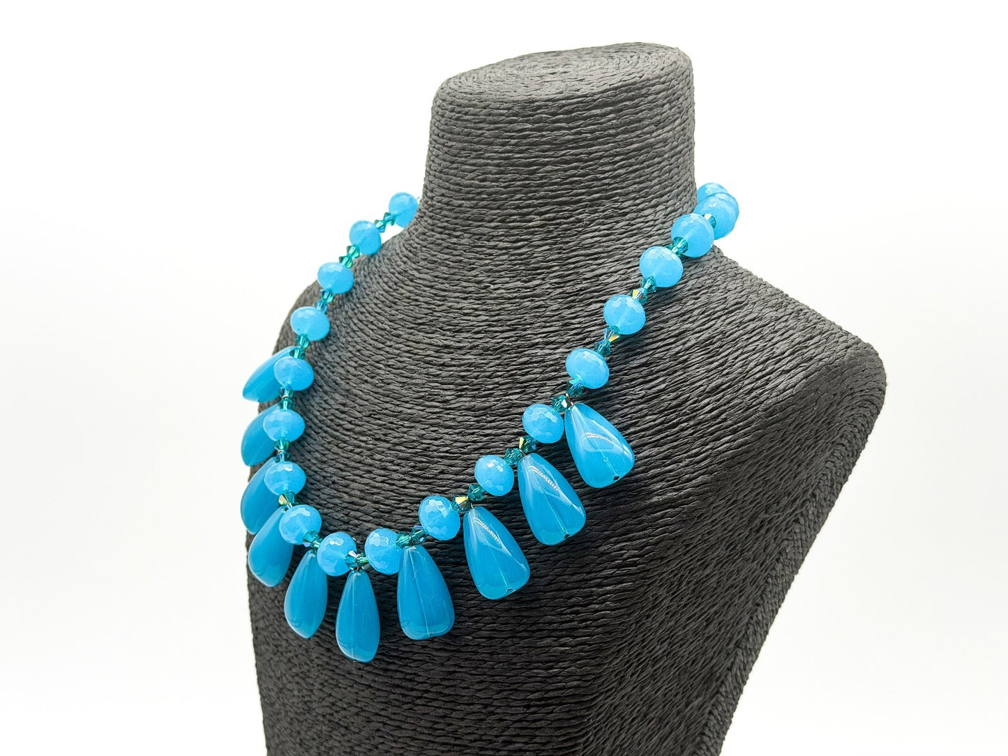 Turquoise Blue Glass Teardrop Fringe Statement Necklace Crystal Spacers Toggle