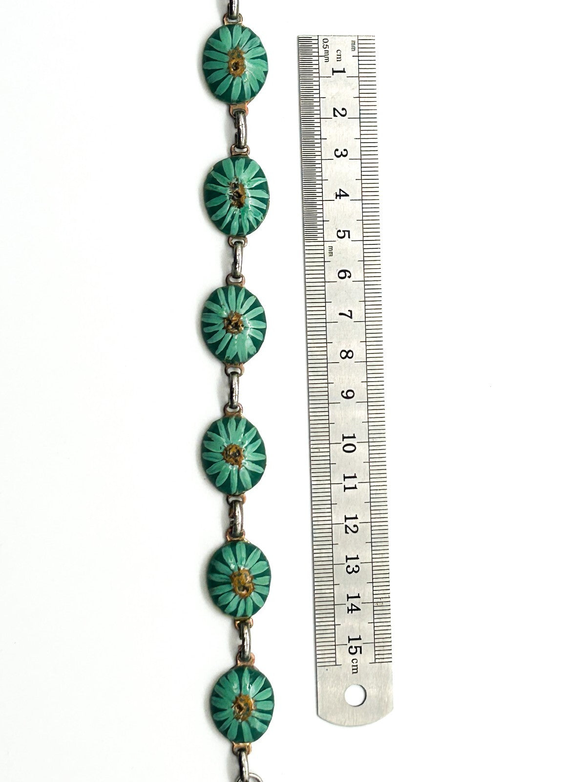 Vintage Hand Painted Ceramic Panel Bracelet Teal Green Floral Link Bracelet 8.5”