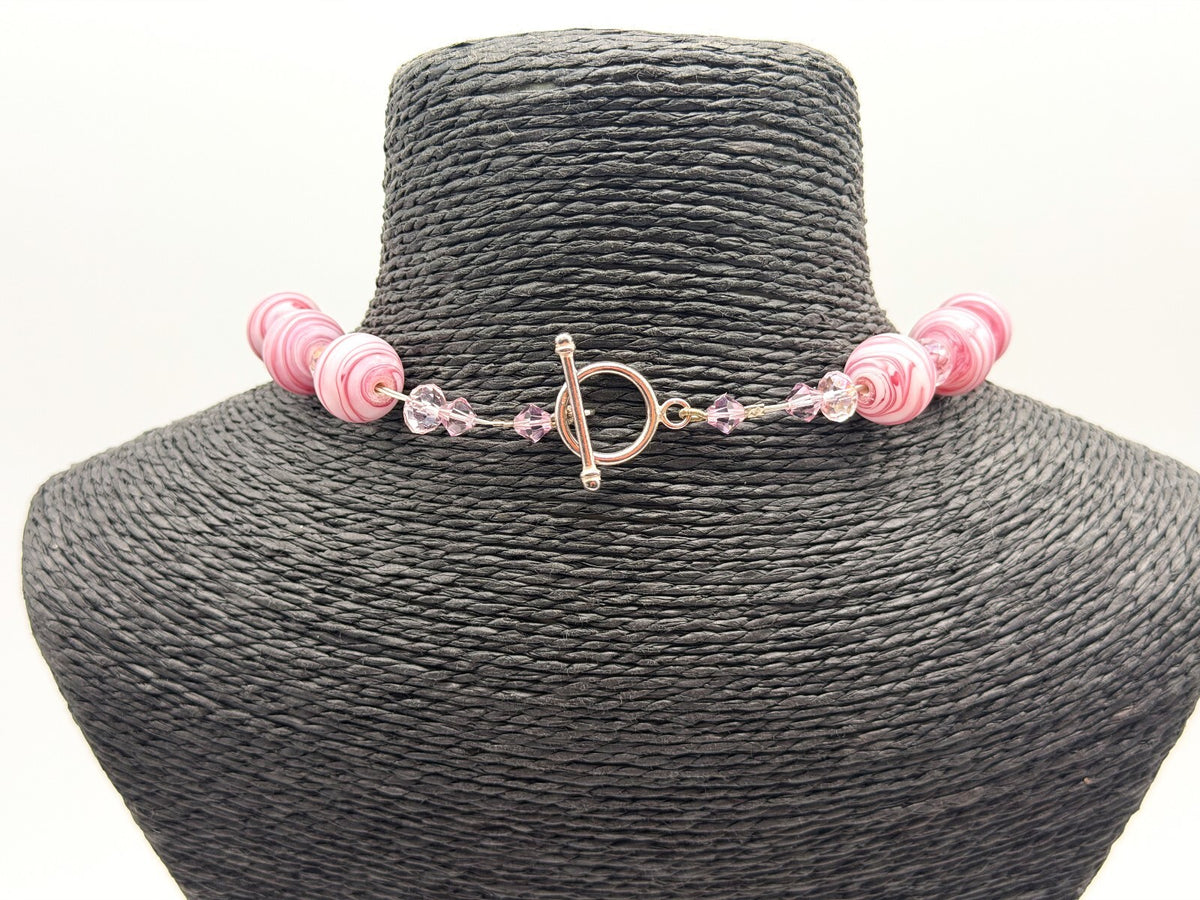 Pink Swirl Art Glass Bead Necklace Crystal Spacer Statement Toggle 18.5”