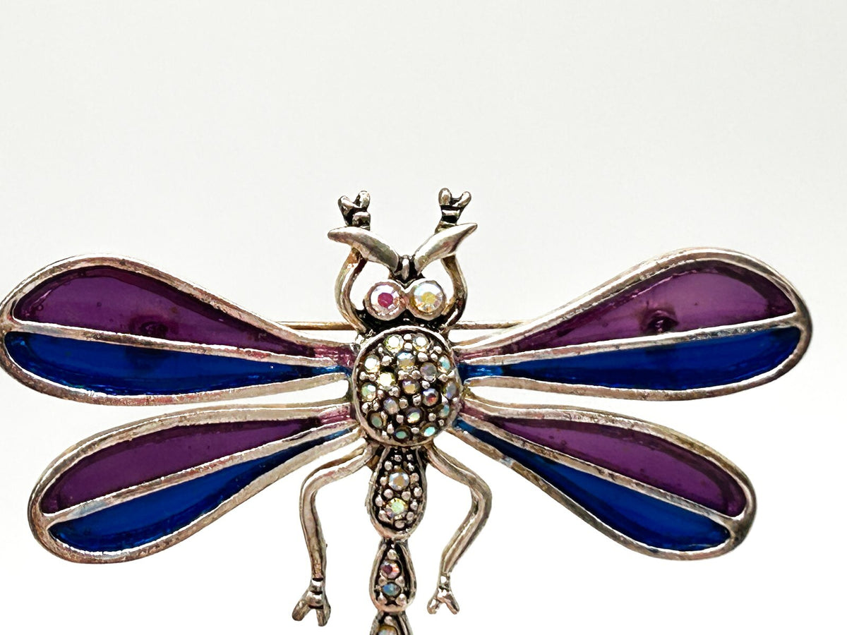 Vintage Purple Enamel Dragonfly Brooch AB Rhinestone Glass Figural Statement
